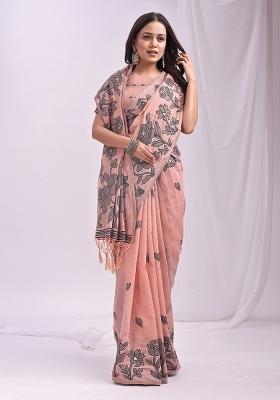 Peach Wevon Thread Designer Linen Cotton Saree Set