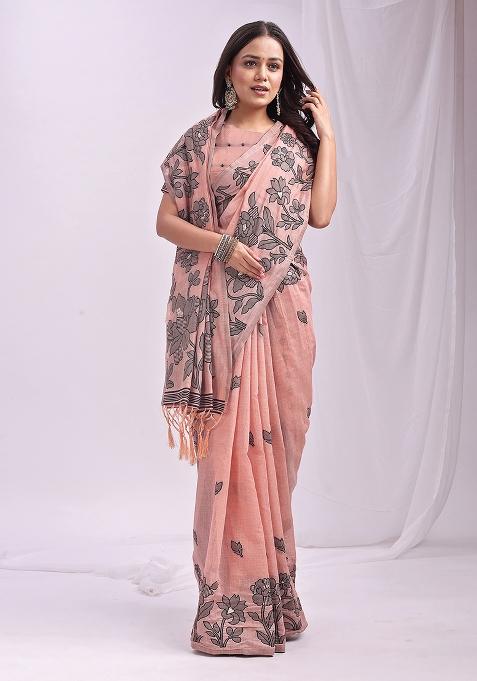 Peach Wevon Thread Designer Linen Cotton Saree Set