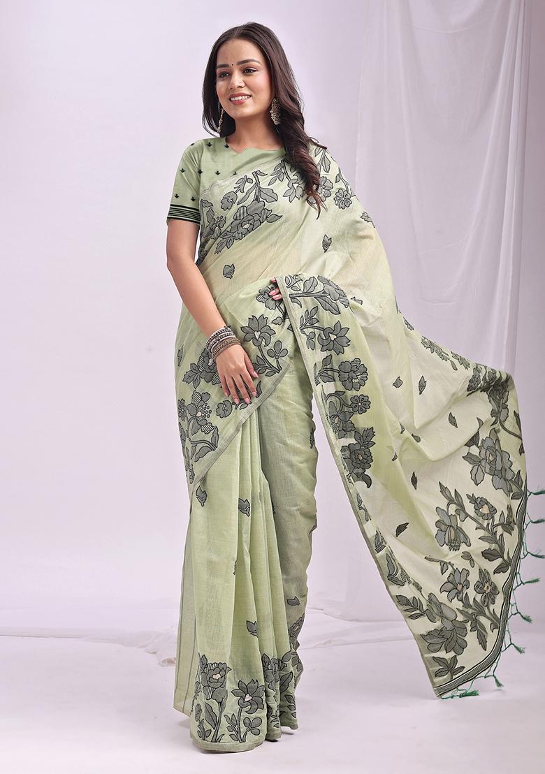Light Green Wevon Thread Designer Linen Cotton Saree Set