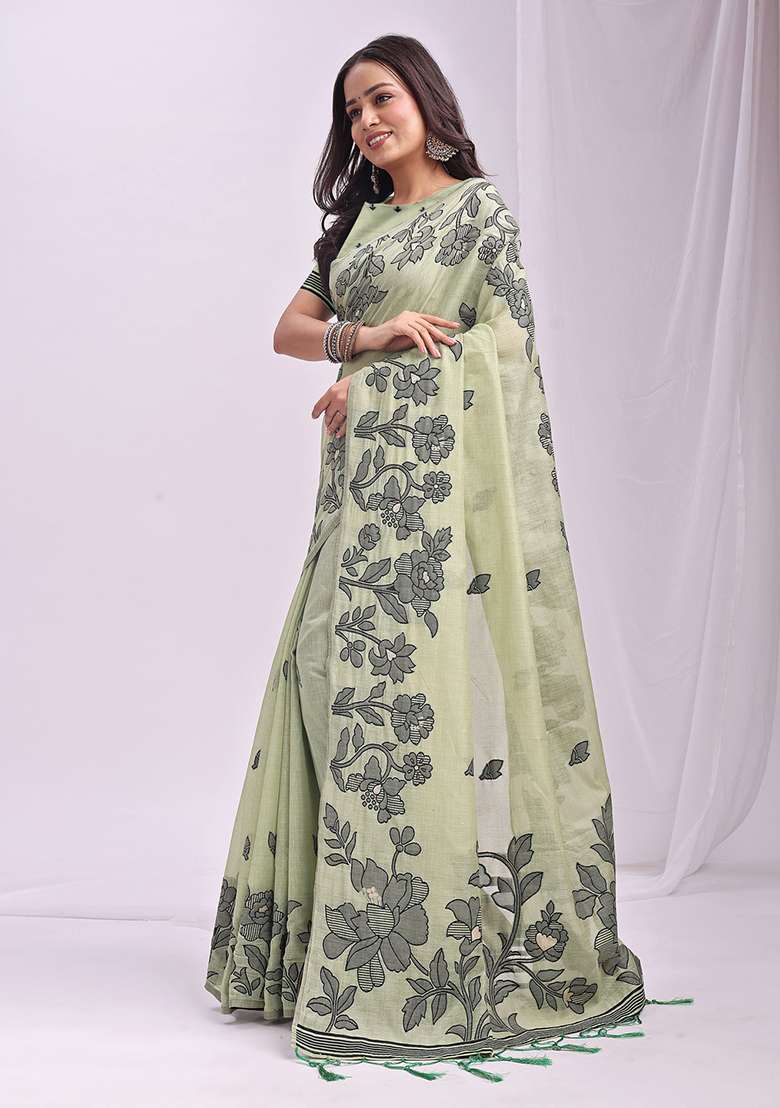 Light Green Wevon Thread Designer Linen Cotton Saree Set - Indya