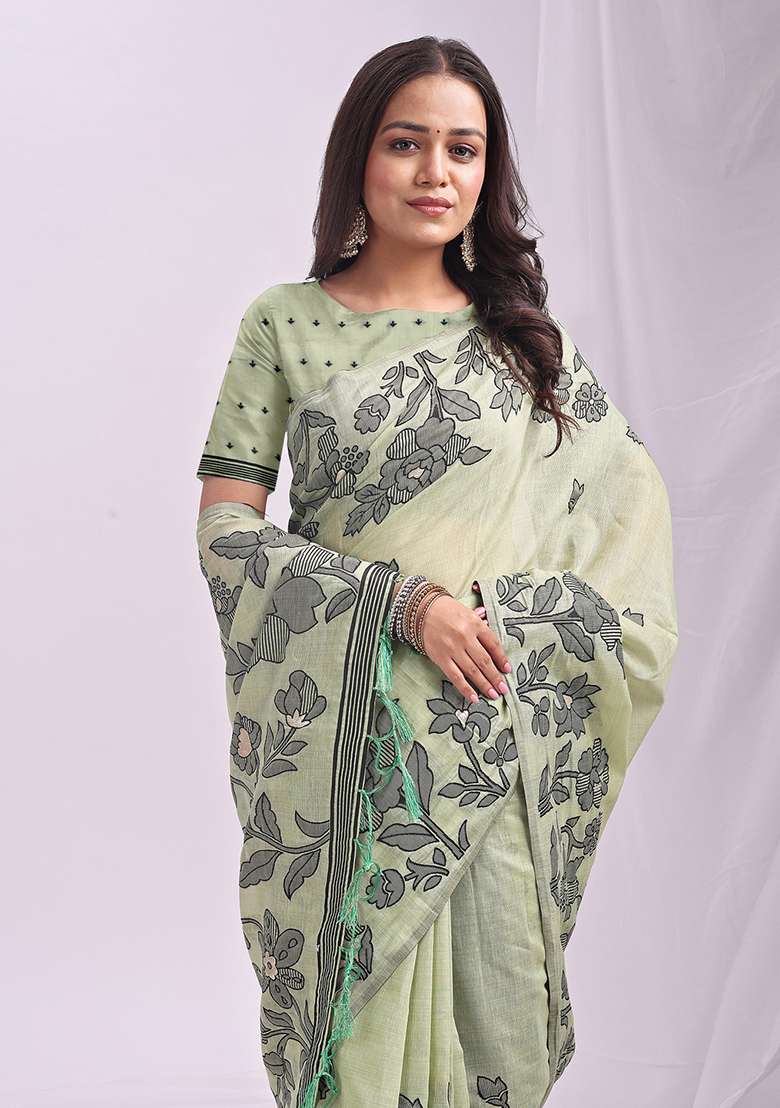 Light Green Wevon Thread Designer Linen Cotton Saree Set - Indya