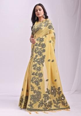 Yellow Wevon Thread Designer Linen Cotton Saree Set