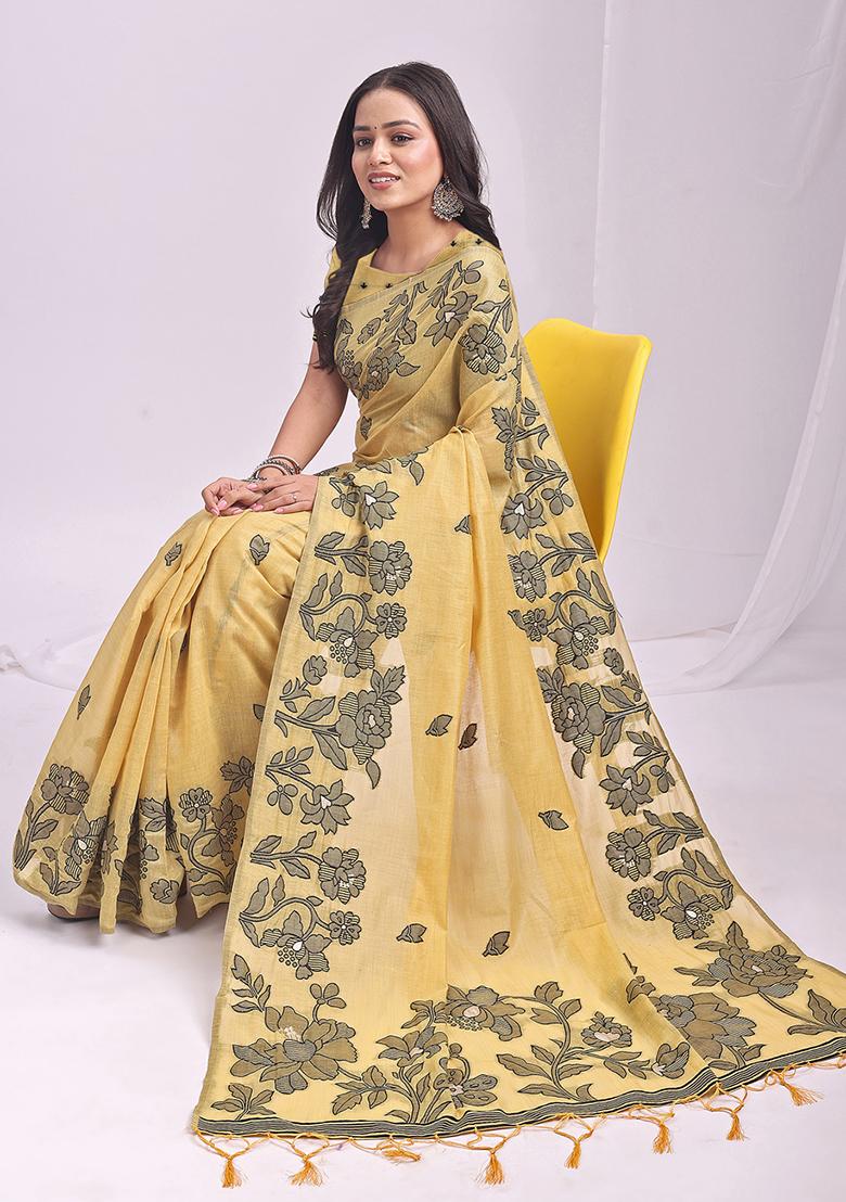 Yellow Wevon Thread Designer Linen Cotton Saree Set