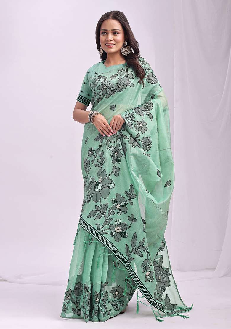 Rama Green Wevon Thread Designer Linen Cotton Saree Set - Indya