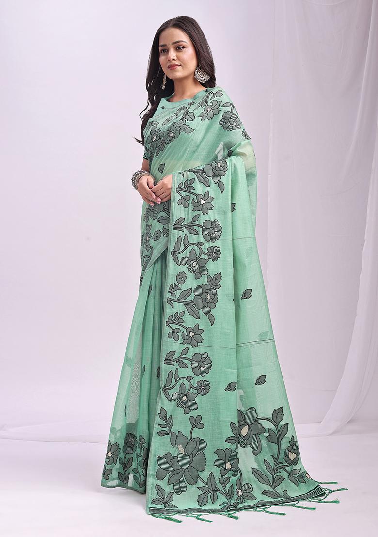 Rama Green Wevon Thread Designer Linen Cotton Saree Set