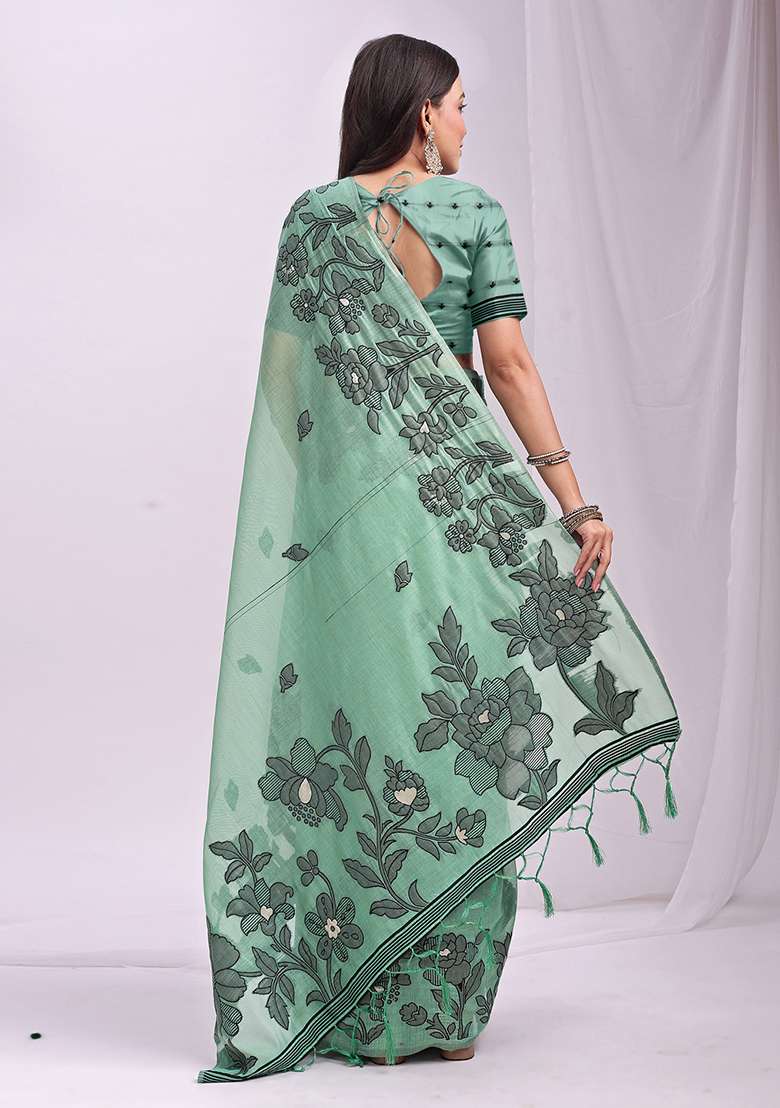 Rama Green Wevon Thread Designer Linen Cotton Saree Set - Indya