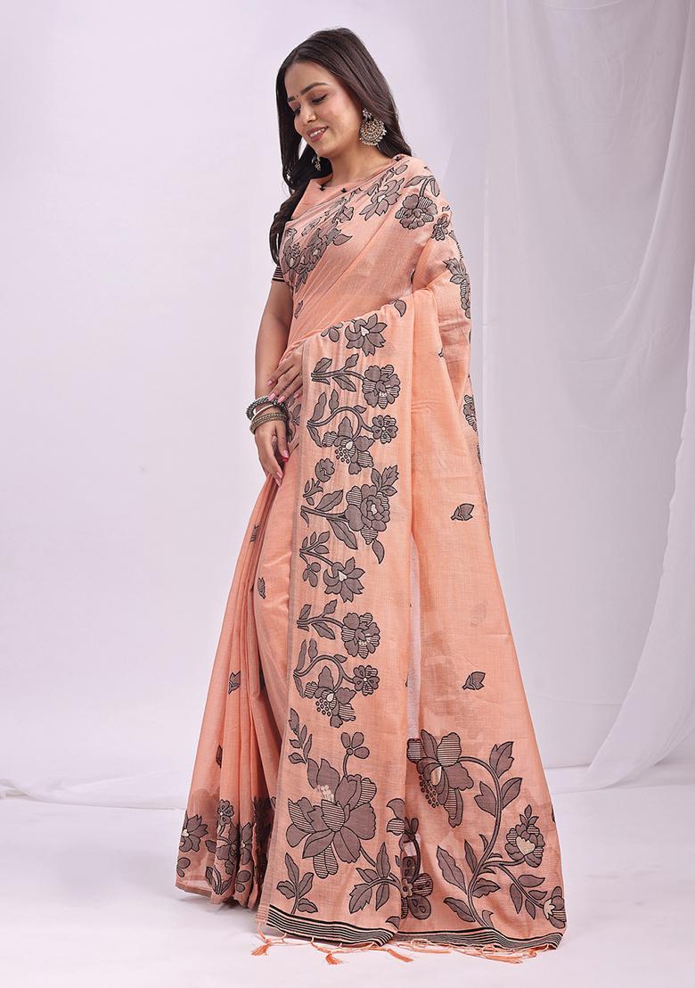 Orange Wevon Thread Designer Linen Cotton Saree Set