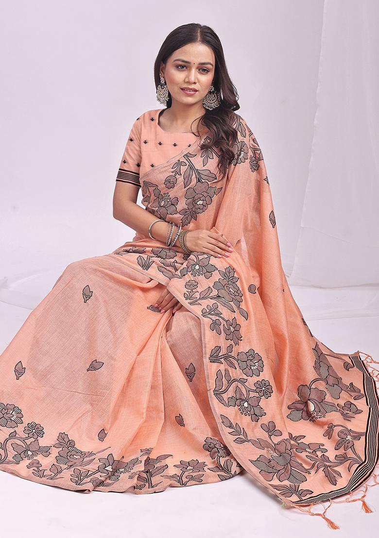 Orange Wevon Thread Designer Linen Cotton Saree Set