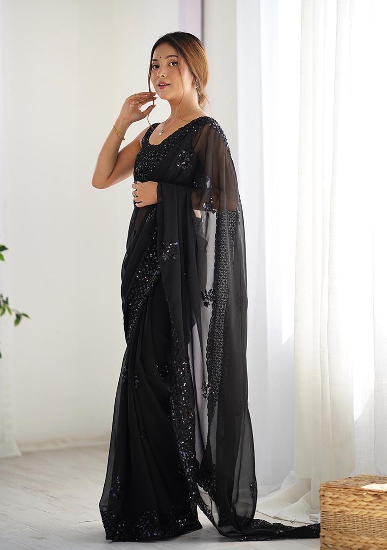 Black Thread,Sequance Embroidery Work Georgette Saree Set