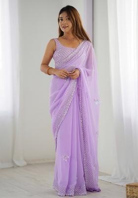 Lavender Thread,Sequance Embroidery Work Georgette Saree Set