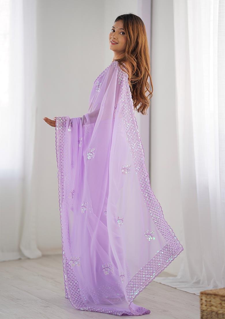 Lavender Thread,Sequance Embroidery Work Georgette Saree Set