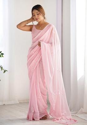 Pink Thread,Sequance Embroidery Work Georgette Saree Set