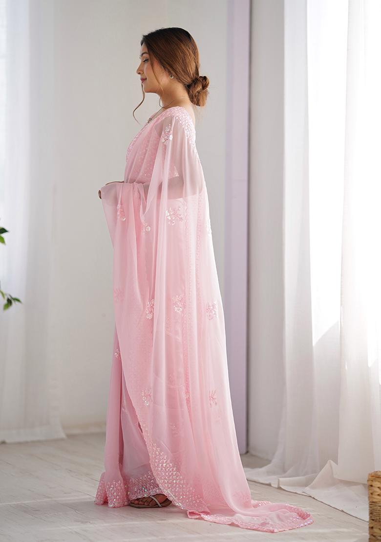 Pink Thread,Sequance Embroidery Work Georgette Saree Set