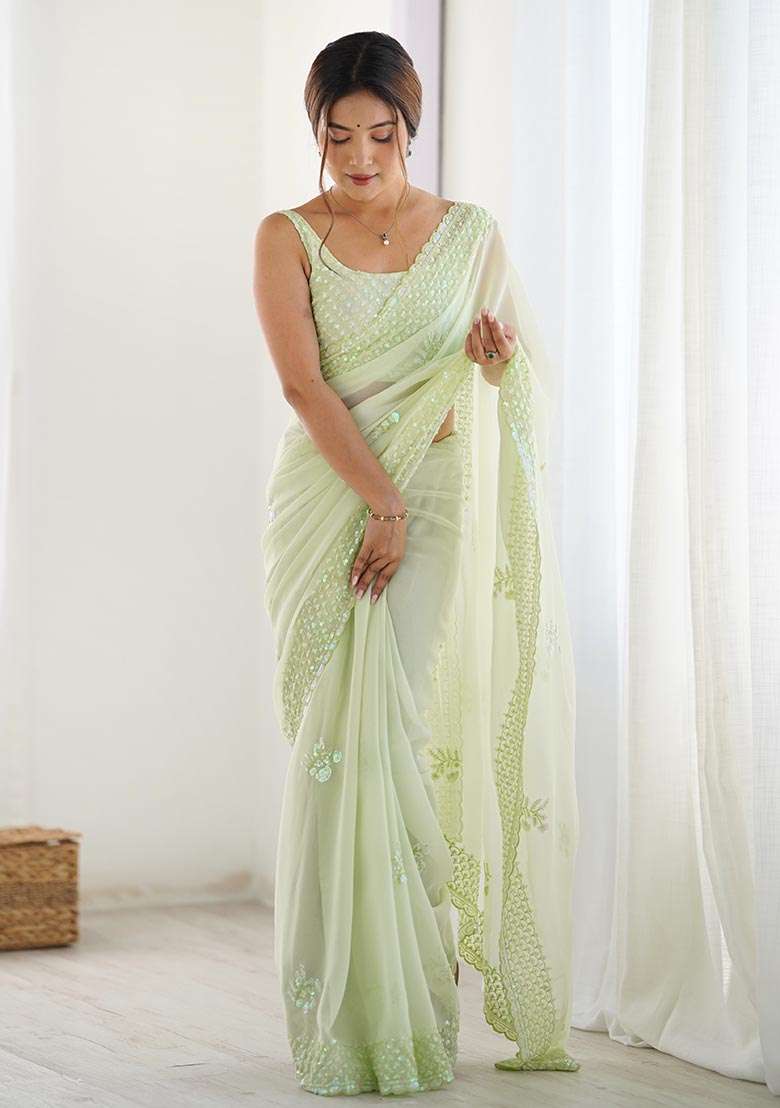 Pista Green Thread,Sequance Embroidery Work Georgette Saree Set - Indya