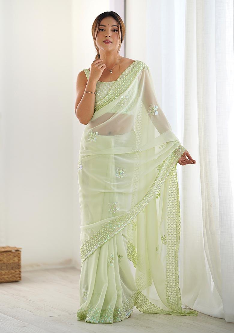 Pista Green Thread,Sequance Embroidery Work Georgette Saree Set