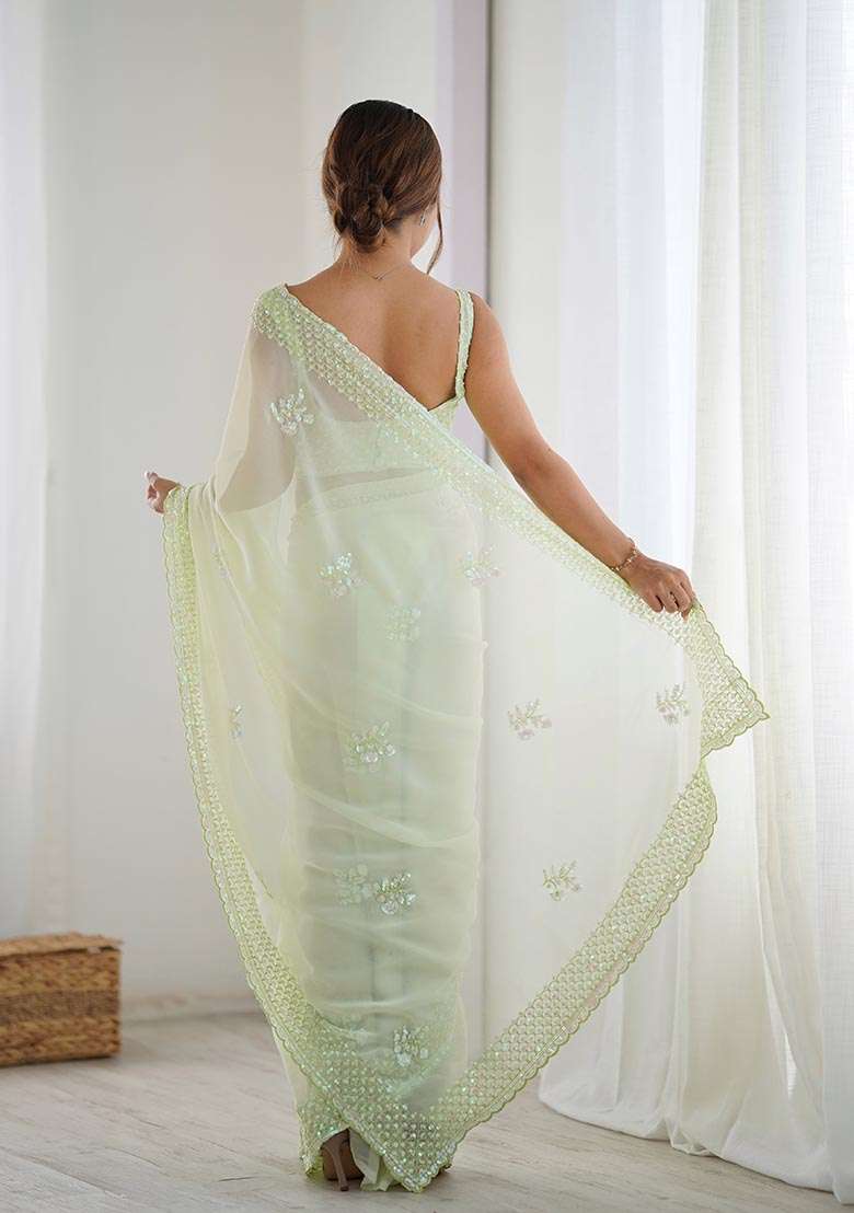 Pista Green Thread,Sequance Embroidery Work Georgette Saree Set - Indya
