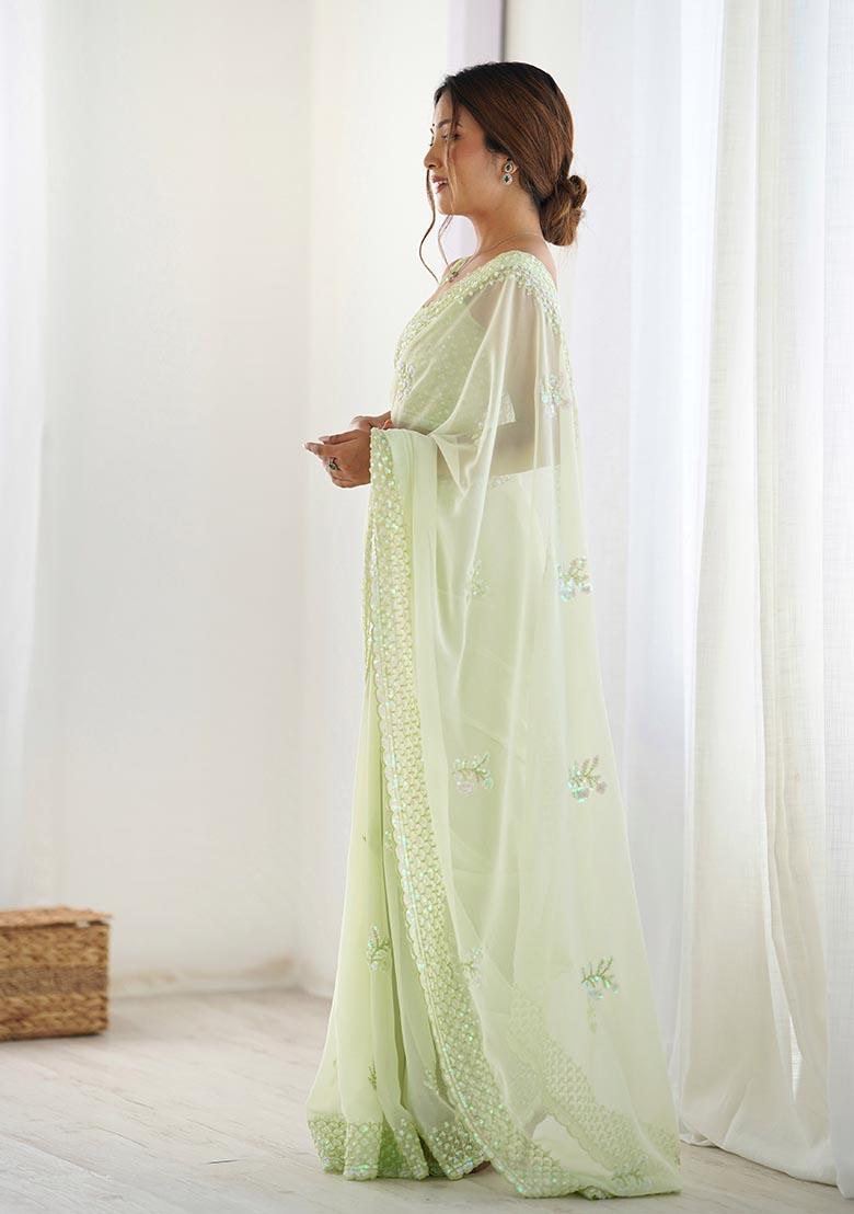 Pista Green Thread,Sequance Embroidery Work Georgette Saree Set