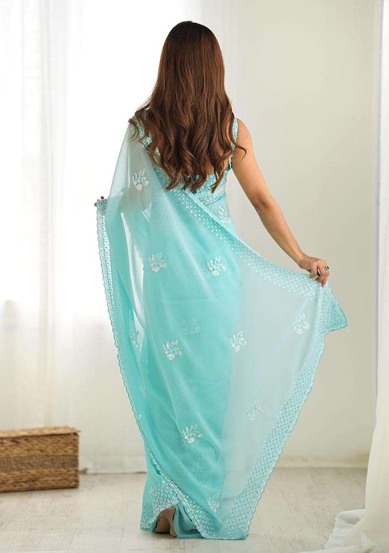 Sky Blue Thread,Sequance Embroidery Work Georgette Saree Set - Indya