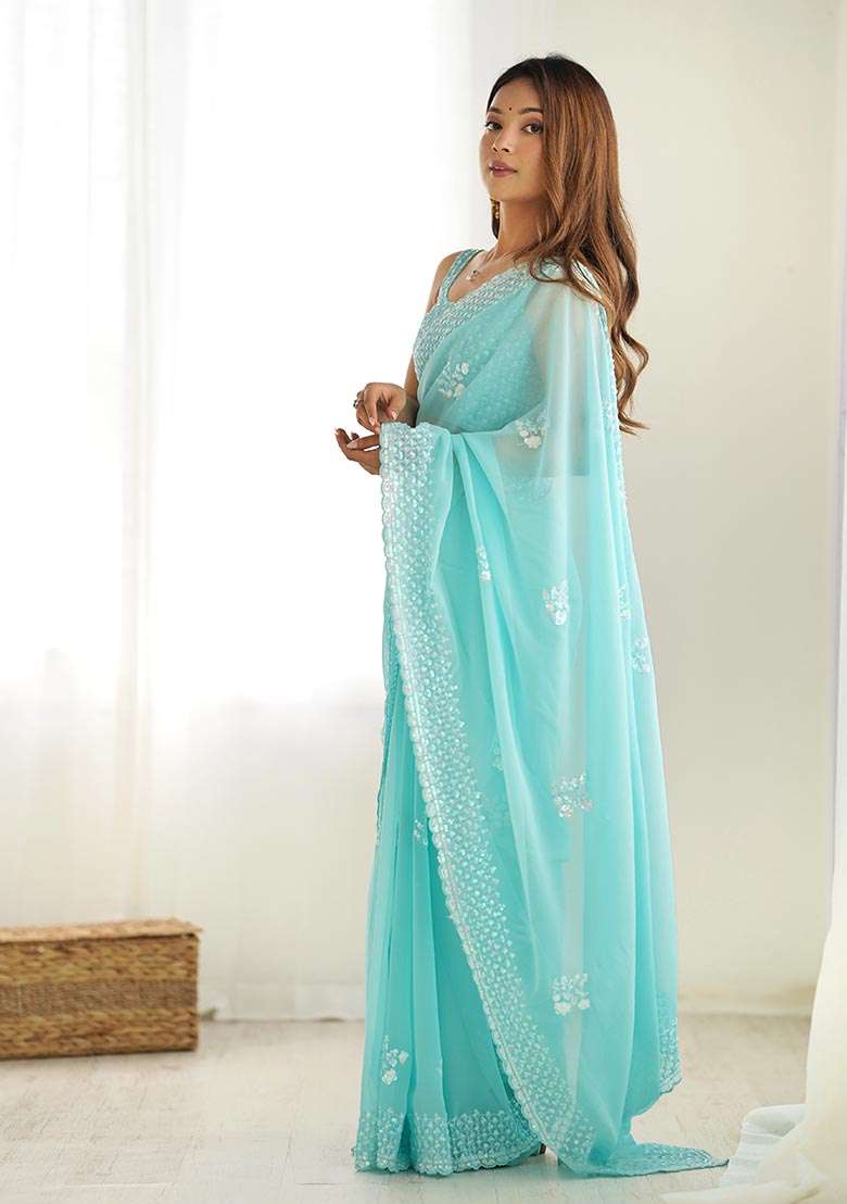 Sky Blue Thread,Sequance Embroidery Work Georgette Saree Set - Indya