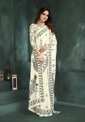 White Position Digital Foil Printed Crepe Silk Saree Set