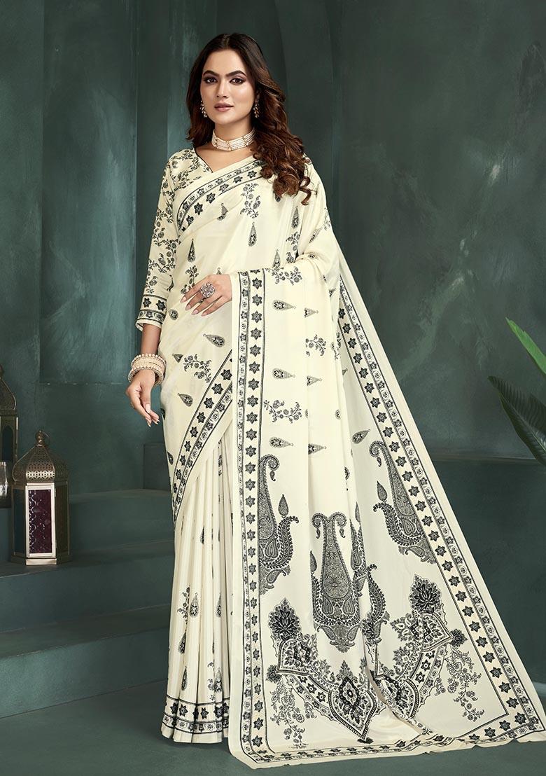White Position Digital Foil Printed Crepe Silk Saree Set