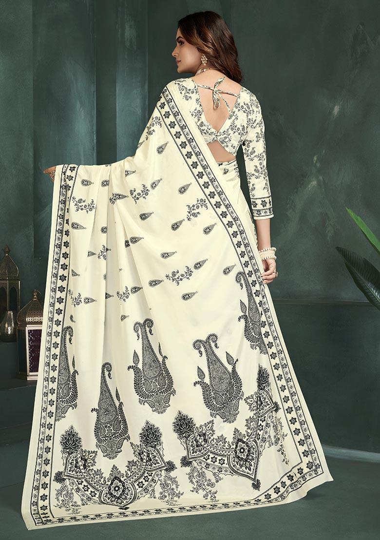 White Position Digital Foil Printed Crepe Silk Saree Set