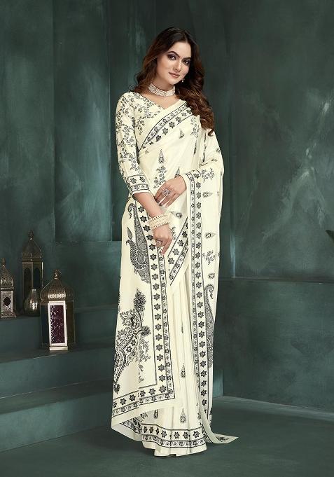White Position Digital Foil Printed Crepe Silk Saree Set