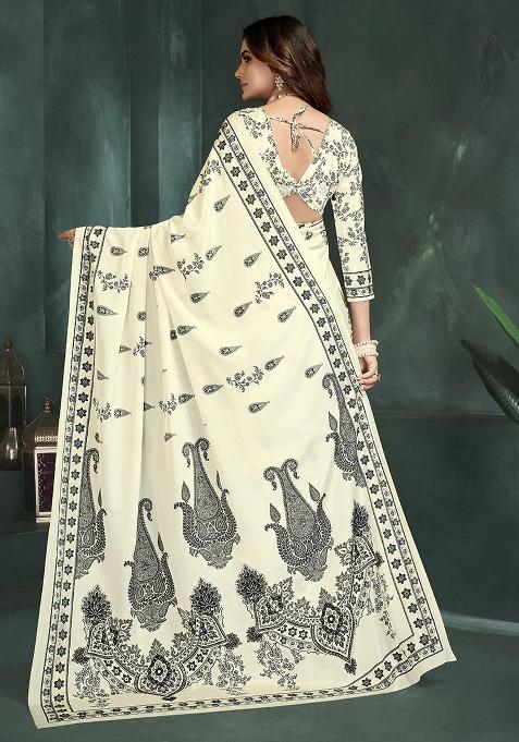 White Position Digital Foil Printed Crepe Silk Saree Set