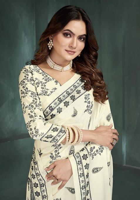 White Position Digital Foil Printed Crepe Silk Saree Set