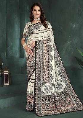 White Position Digital Foil Printed Crepe Silk Saree Set
