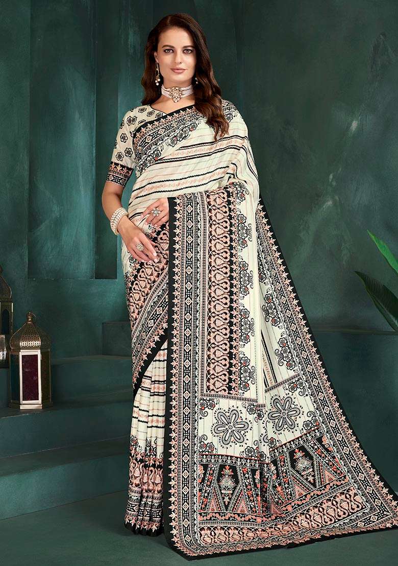 White Position Digital Foil Printed Crepe Silk Saree Set - Indya