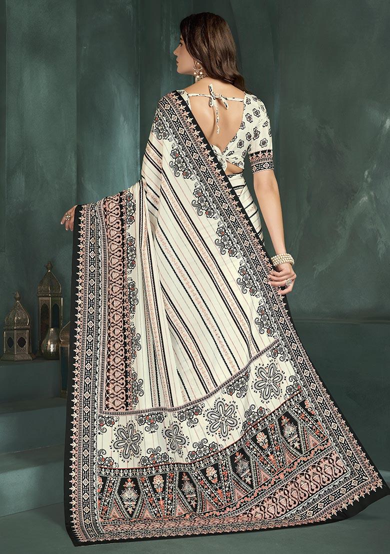 White Position Digital Foil Printed Crepe Silk Saree Set