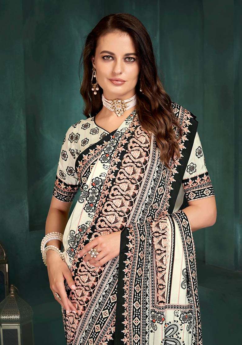 White Position Digital Foil Printed Crepe Silk Saree Set - Indya
