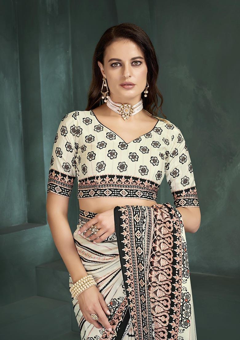 White Position Digital Foil Printed Crepe Silk Saree Set