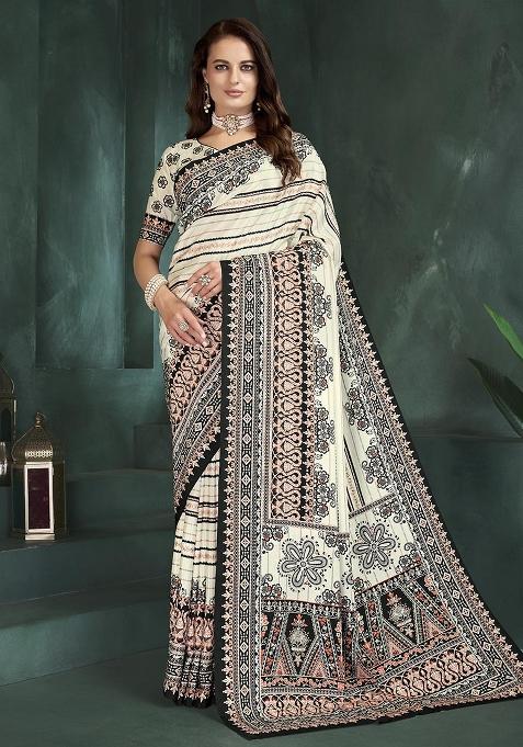 White Position Digital Foil Printed Crepe Silk Saree Set