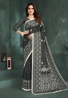 Black Position Digital Foil Printed Crepe Silk Saree Set