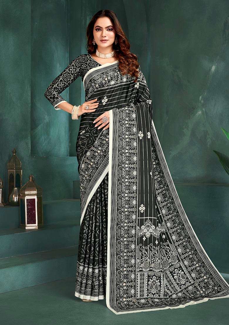 Black Position Digital Foil Printed Crepe Silk Saree Set - Indya