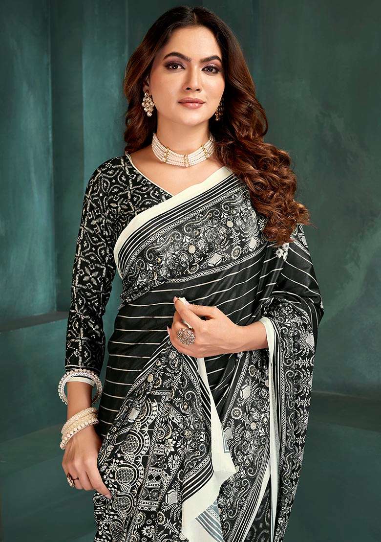 Black Position Digital Foil Printed Crepe Silk Saree Set - Indya