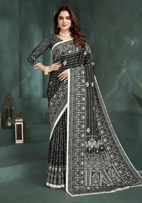 Black Position Digital Foil Printed Crepe Silk Saree Set