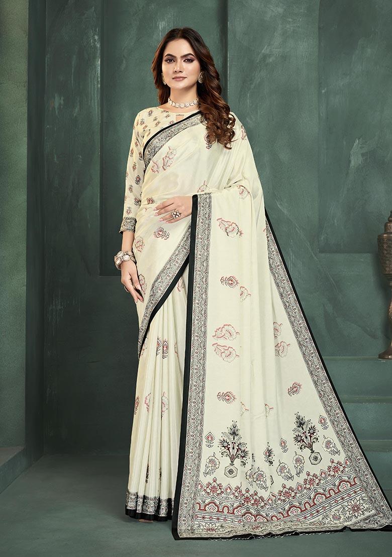 White Position Digital Foil Printed Crepe Silk Saree Set