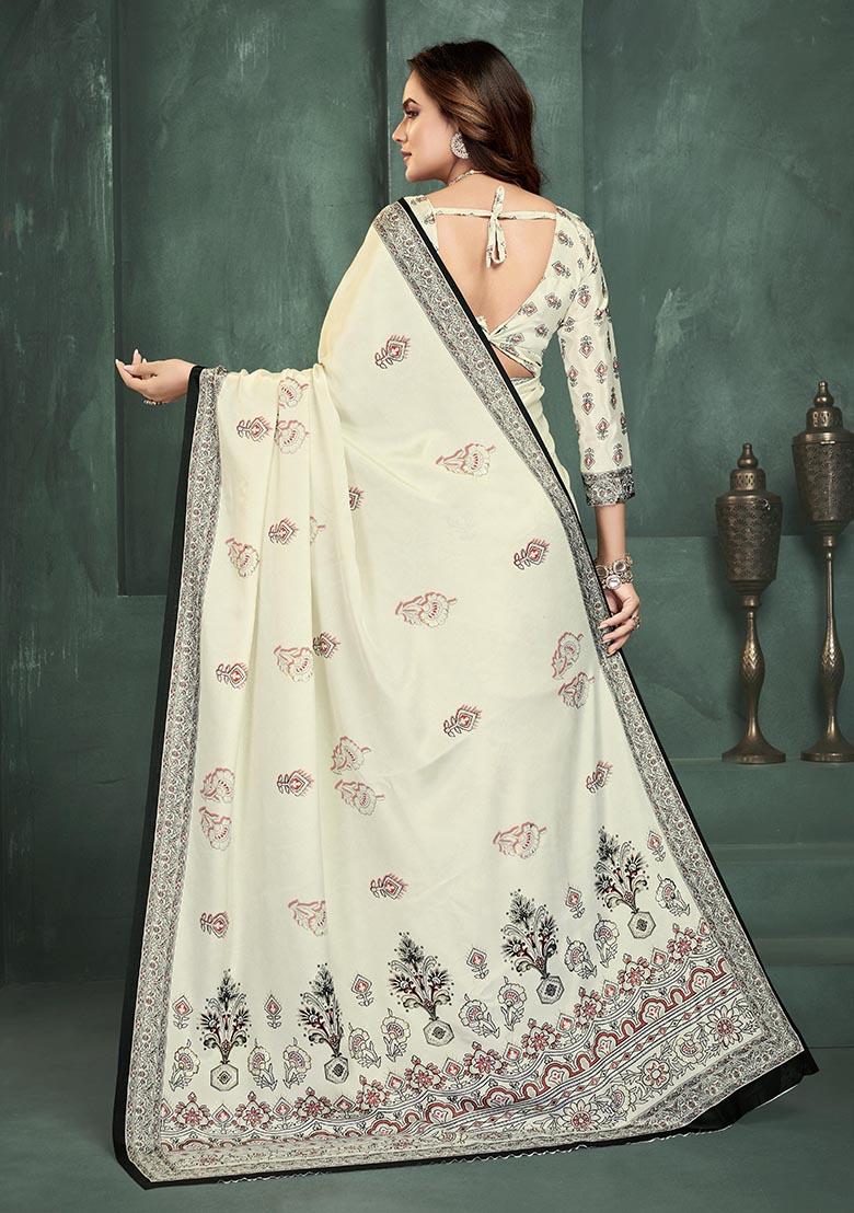 White Position Digital Foil Printed Crepe Silk Saree Set