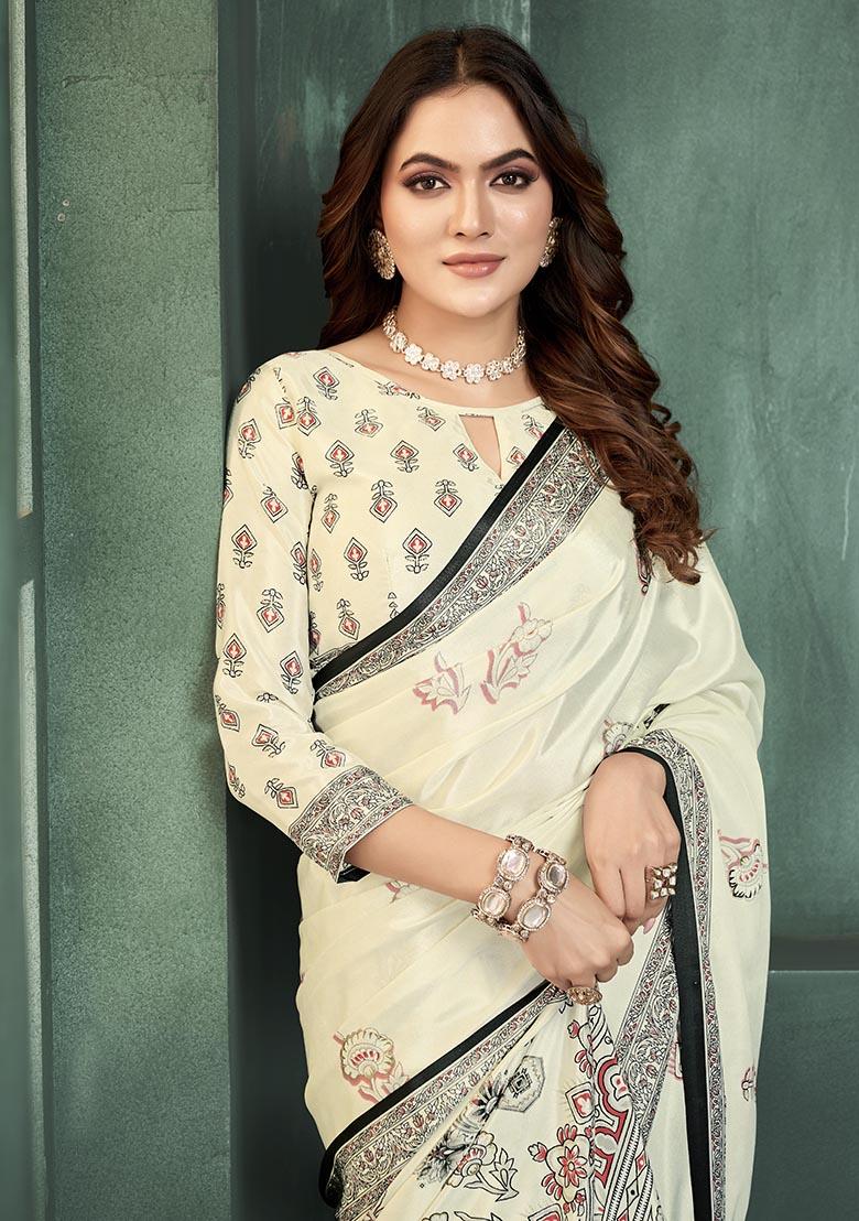 White Position Digital Foil Printed Crepe Silk Saree Set