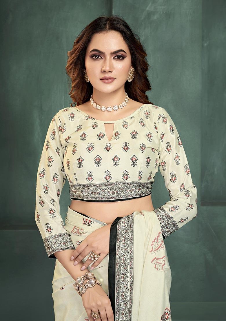 White Position Digital Foil Printed Crepe Silk Saree Set