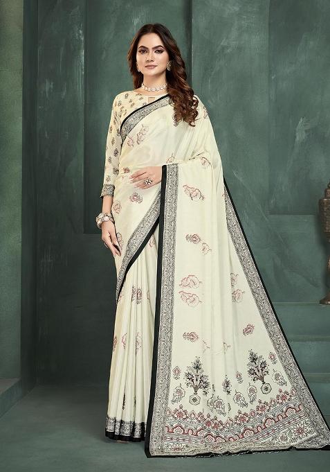 White Position Digital Foil Printed Crepe Silk Saree Set