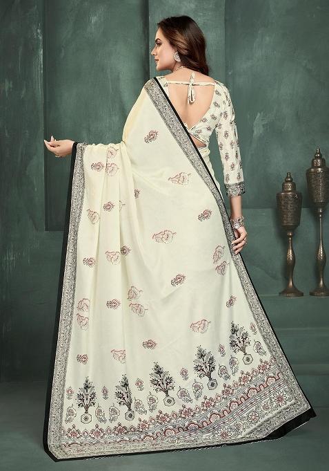 White Position Digital Foil Printed Crepe Silk Saree Set