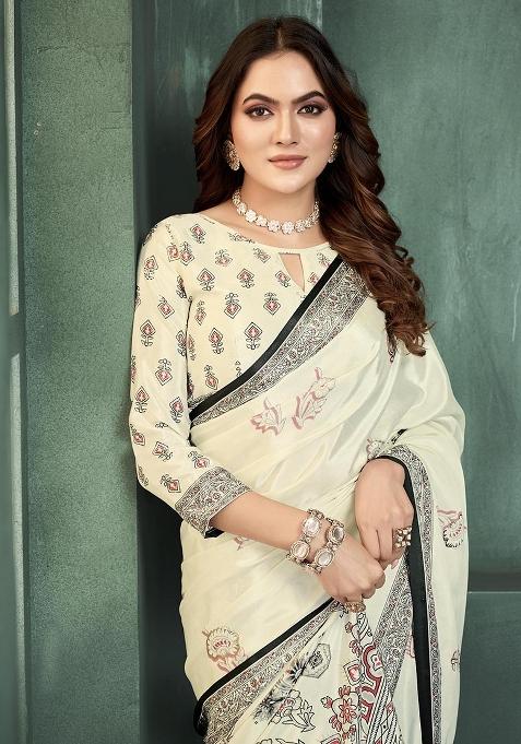 White Position Digital Foil Printed Crepe Silk Saree Set