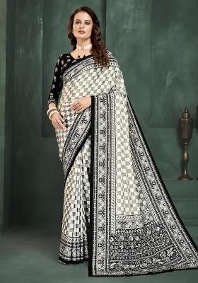 White Position Digital Foil Printed Crepe Silk Saree Set