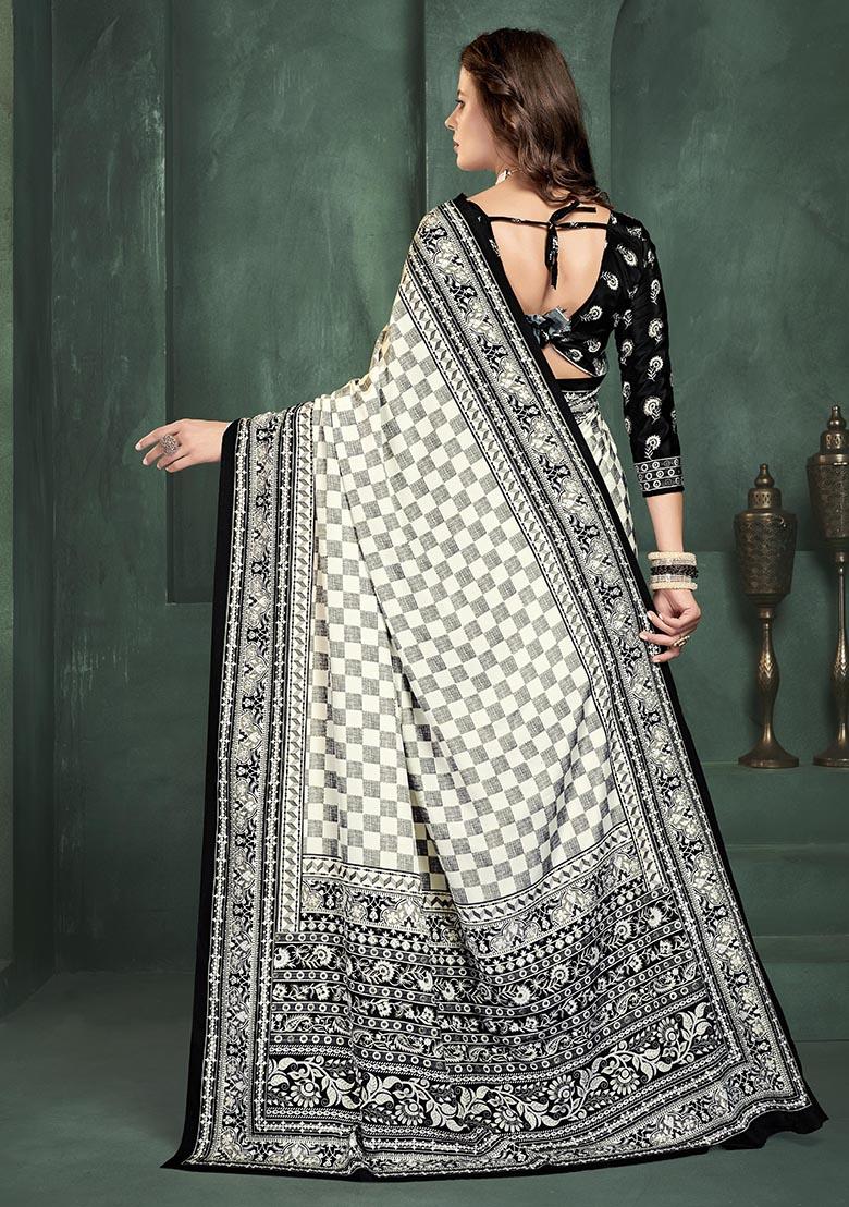White Position Digital Foil Printed Crepe Silk Saree Set