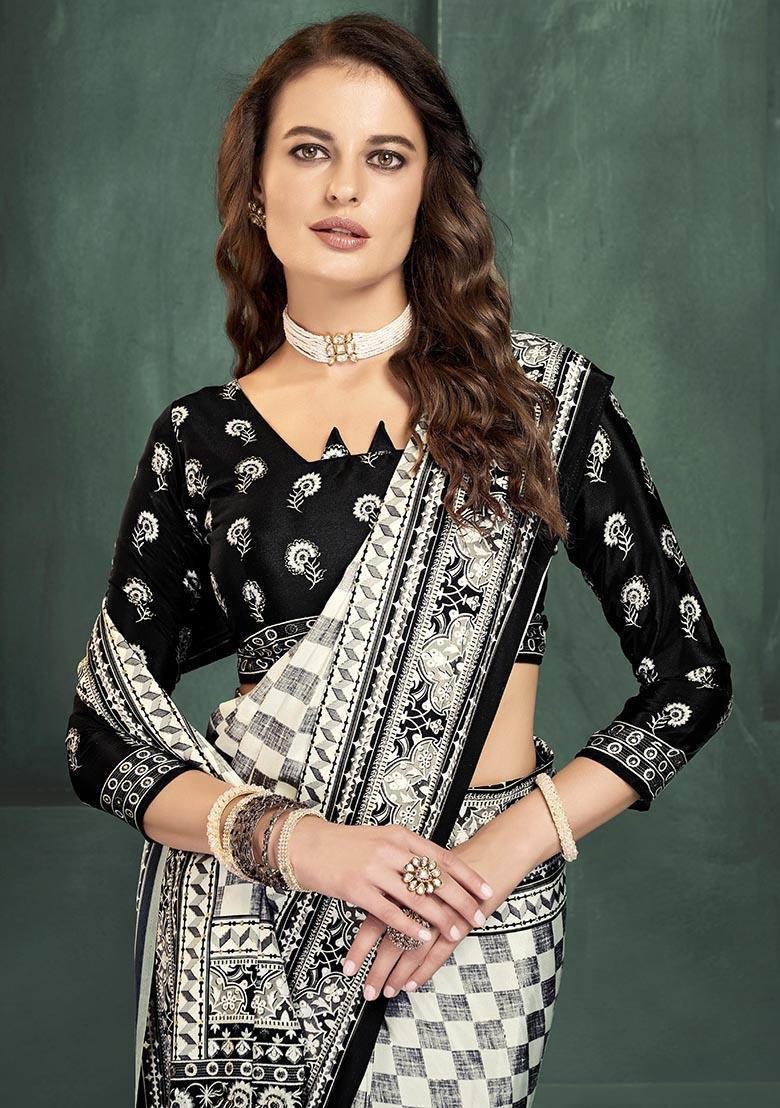 White Position Digital Foil Printed Crepe Silk Saree Set