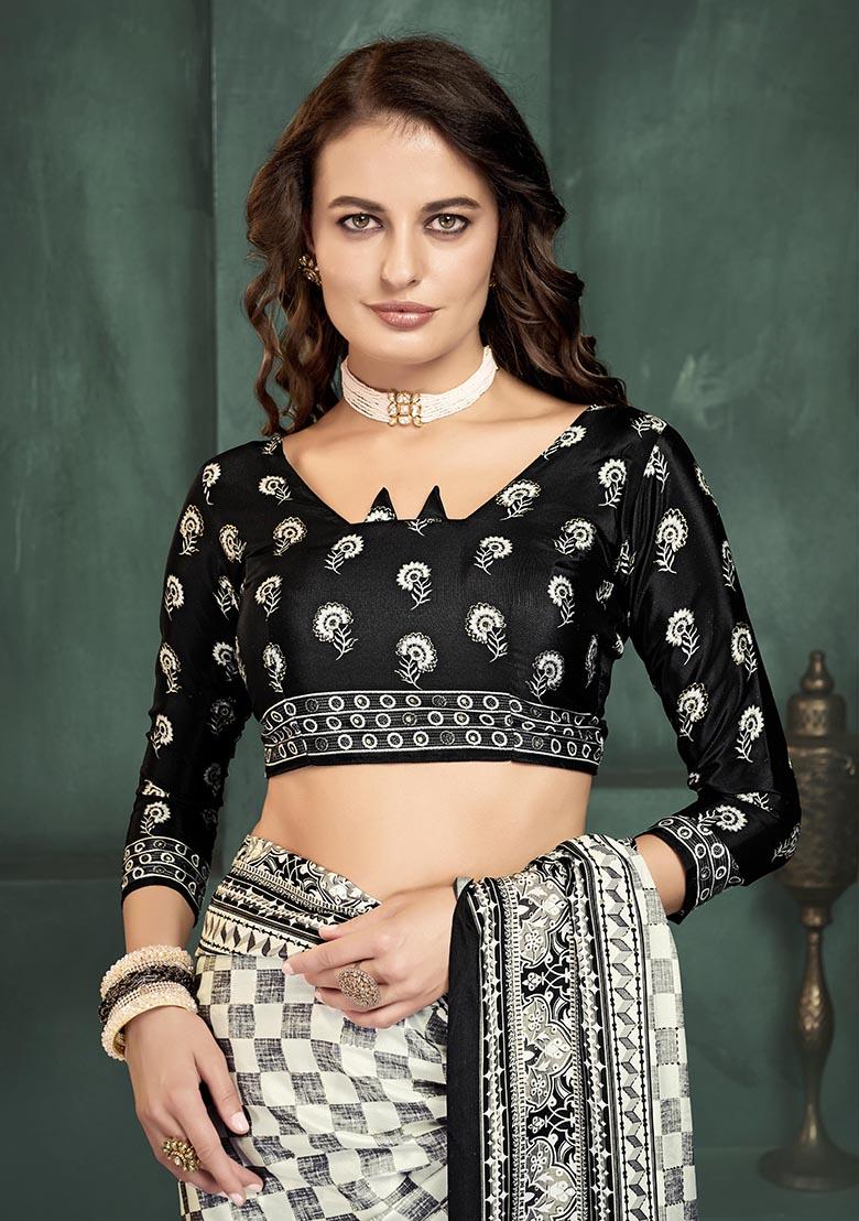 White Position Digital Foil Printed Crepe Silk Saree Set